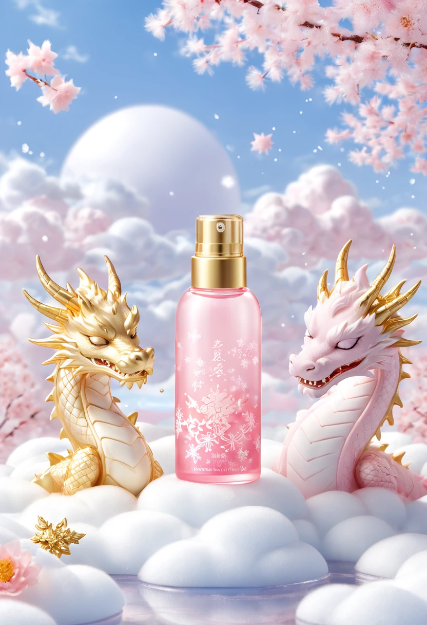 A bottle of white cylindrical skin care product placed in a snowflake, Dragon sleeping on clouds, translucent glasszbrush,Sakura and gold style, anime aestheticsfurry art, pink , elaborate, 3d,c4drendering,8k, super high detail