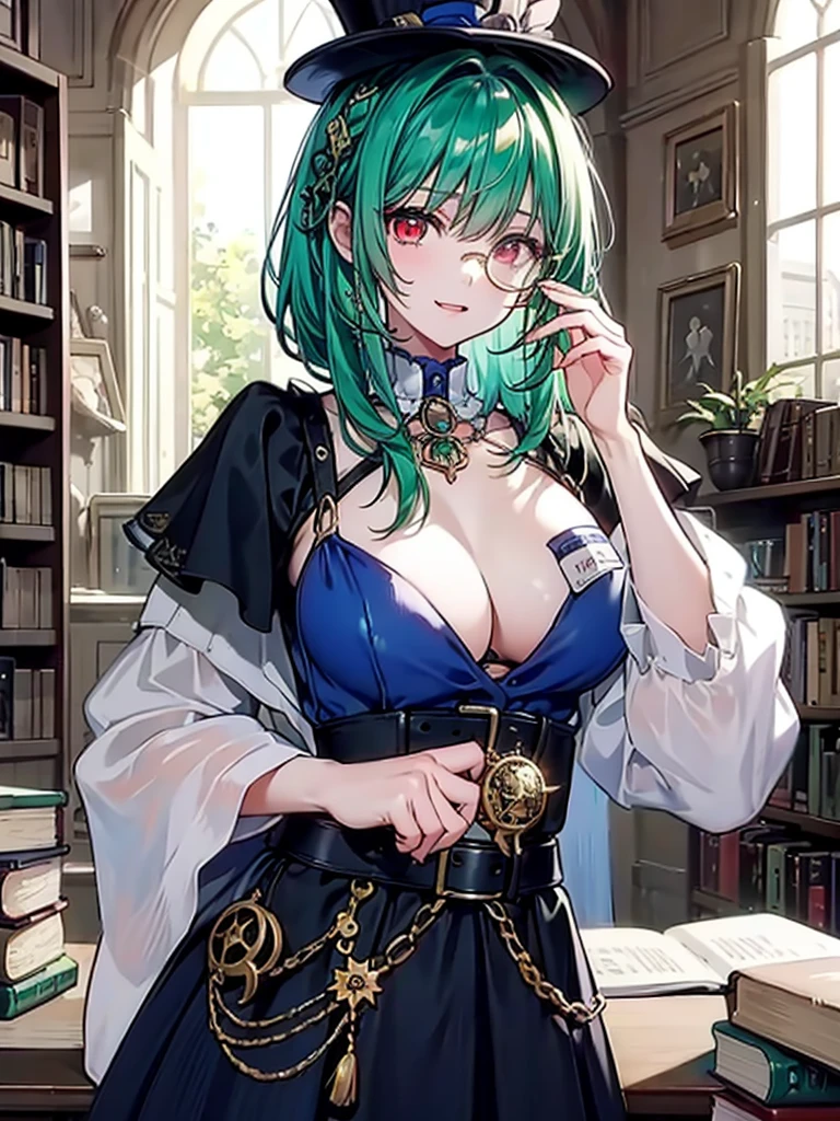 (((masterpiece、Highest image quality、highest quality、highly detailed unity 8kwallpaper)))、((Illustration of one girl、upper body))、(((beautiful girl)))、(librarian)、(Emerald green hair、messy hair、sidelocks:1.2、red eyes、crazy smile)、(((flat chest)))、(((monocle)))、pocket watch、(((Black top hat、Black tuxedo、belt)))、great medieval library、Large amount of books