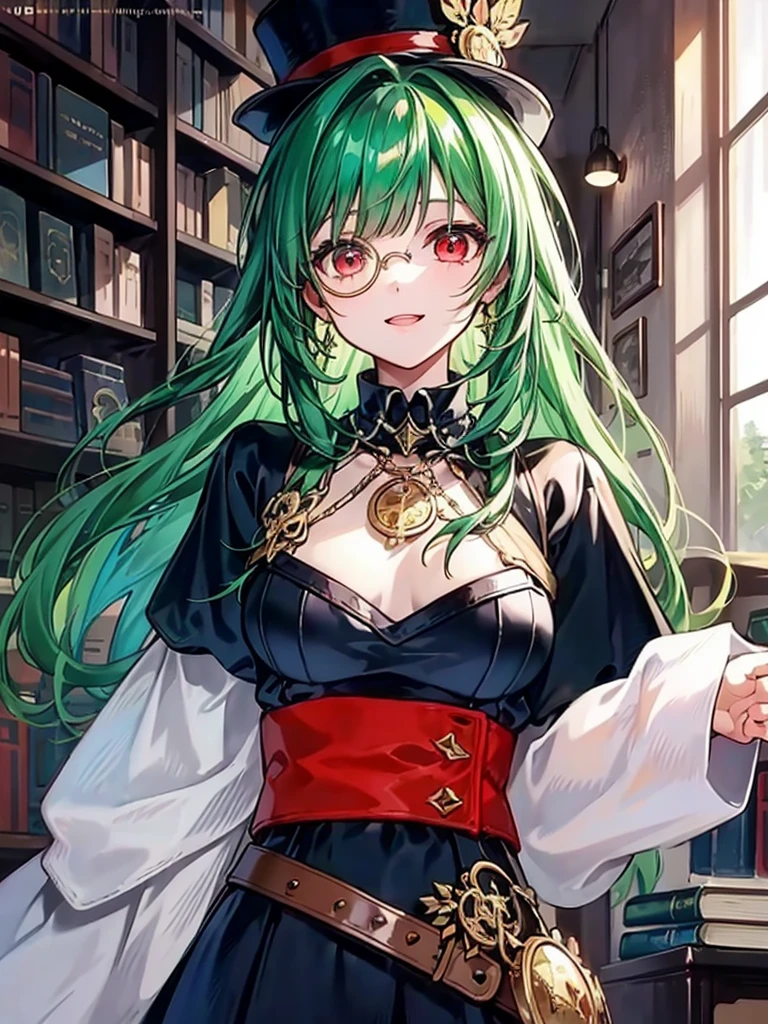 (((masterpiece、Highest image quality、highest quality、highly detailed unity 8kwallpaper)))、((Illustration of one girl、upper body))、(((beautiful girl)))、(librarian)、(Emerald green hair、messy hair、sidelocks:1.2、red eyes、crazy smile)、(((flat chest)))、(((monocle)))、pocket watch、(((Black top hat、Black tuxedo、belt)))、great medieval library、Large amount of books