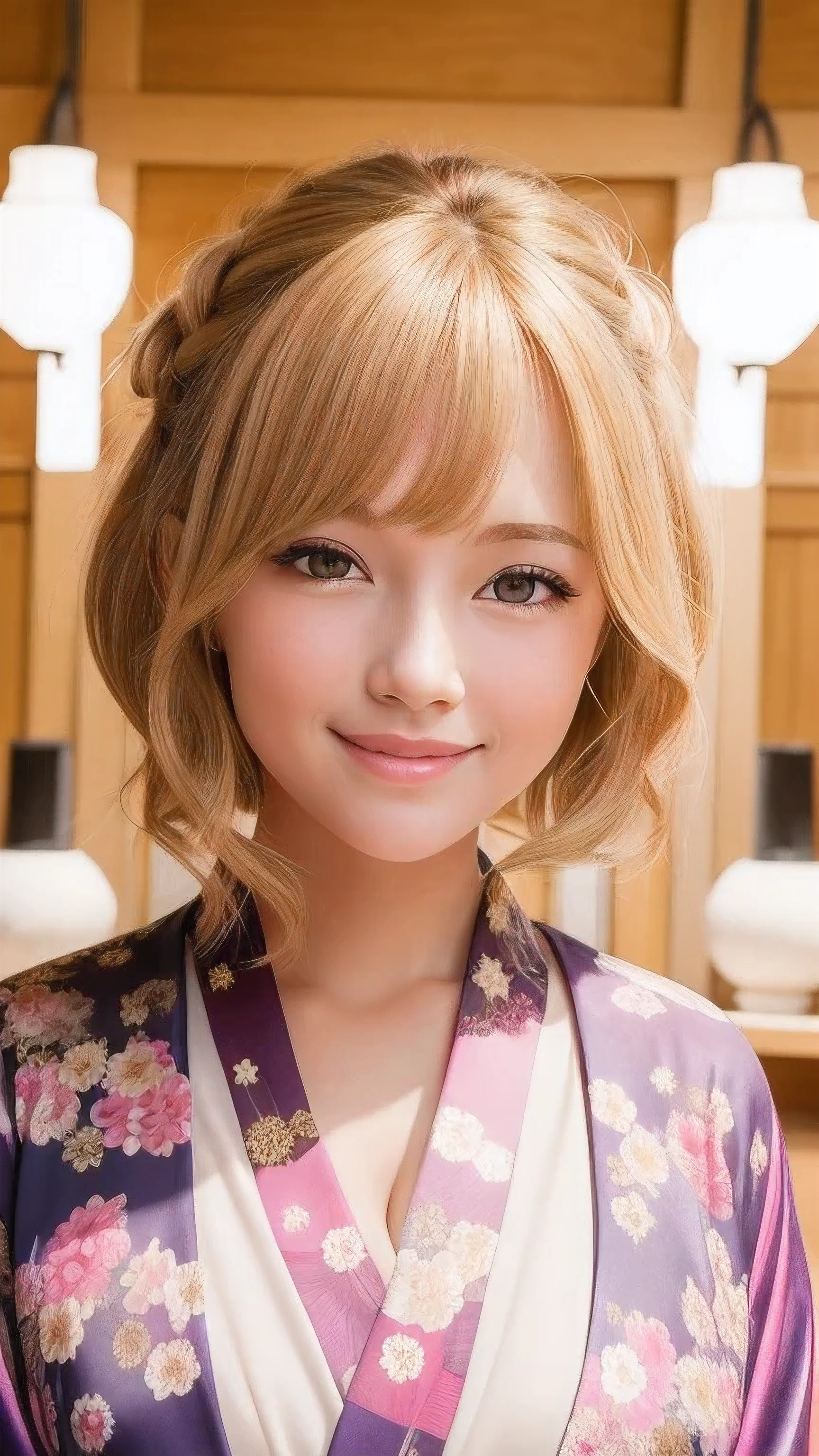 masterpiece, best quality, ((head shot)), cute, smile, shrines, shining background, kimono, ((front facing)), ((front viewing)), body forward, The body is facing forward, american woman, golden hair, American Women, blonde woman, Hair up to the shoulders, front viewing, american face
