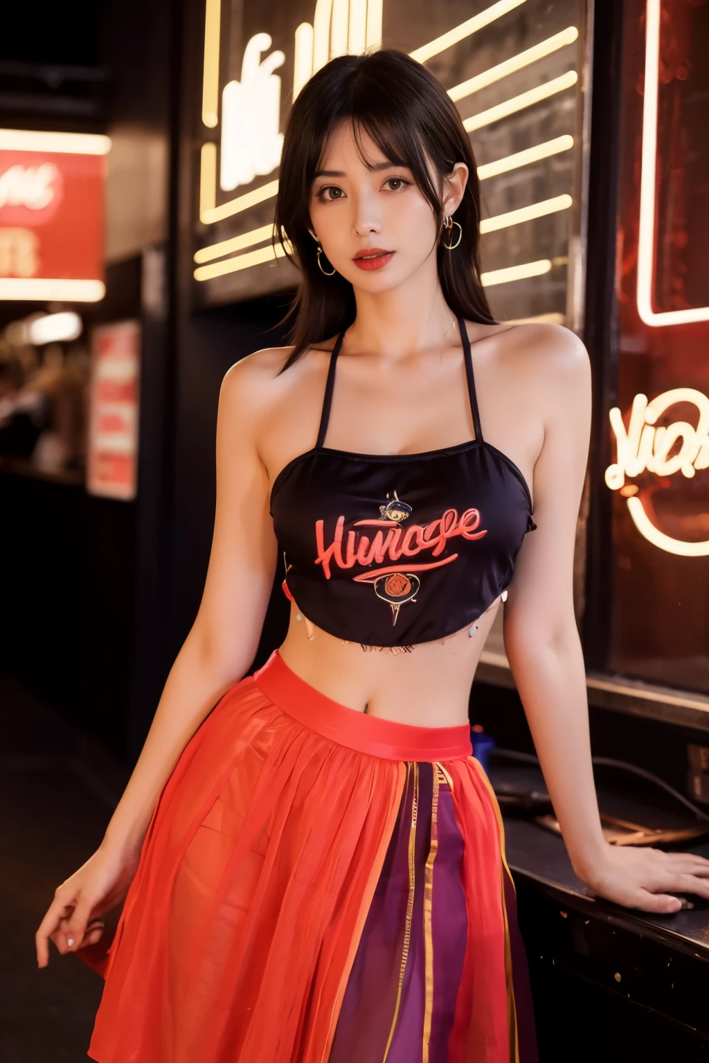 Nights,( parties:1.3), (neon lights:1.4),( lively:1.3), glowing earrings, realistic, pub,
1girl, solo, looking at viewer, realistic, midriff, bare shoulders, standting, hair ornament, black hair, jewelry, brown hair, parted lips, skirt, purple skirt, cowboy shot
 