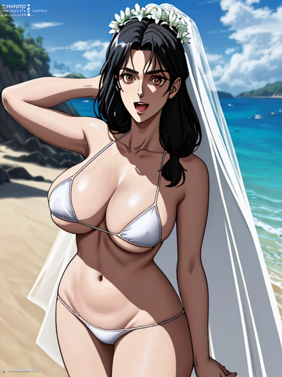 (WALLPAPER, masterpiece, 4k, anime style:1.9, ( detailed beach background, cowboy shot, looking at viewer, big breasts, big giant breast, open mouth, high color saturation, bold lines, bold drawing lines, (strong arms, flat belly, groin), detailed bold arm lines), (strong arms, thick arms), strong light on body, plain, bare body, (large breasts, perky boonimum clothing, taking off shirt, bare shoulders, off-shoulders, bare chest, polished nails, seductive, Carla Yeager, (very tight plain white micro bikini, wedding veil, white flower wedding crown), no shirt, showing off), , mature female, sunbathing, milf, (curvy:0.8), solo, (black long hair, hime cut), (black hair color:1.1), hair over shoulder. white skin, flat belly, perfect eyes, white sciera, brown eyes, anime eyes, smoky eyeliner, eyeshadow, perfect face, shy, sharp focus, professional artwork, intricate details, colorful, vibrant colors, vivid colors, digital blending, ultra detailed body, ultra detail hair, ultra detail face, trending on pixiv, smile, happy, very hot colors, sunny day, outdoor,