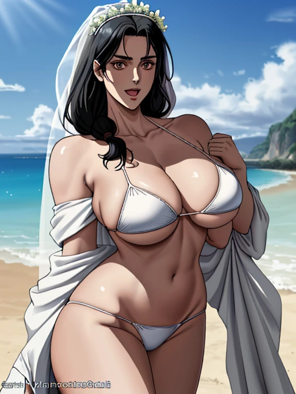 (WALLPAPER, masterpiece, 4k, anime style:1.9, ( detailed beach background, cowboy shot, looking at viewer, big breasts, big giant breast, open mouth, high color saturation, bold lines, bold drawing lines, (strong arms, flat belly, groin), detailed bold arm lines), (strong arms, thick arms), strong light on body, plain, bare body, (large breasts, perky boonimum clothing, taking off shirt, bare shoulders, off-shoulders, bare chest, polished nails, seductive, Carla Yeager, (very tight plain white micro bikini, wedding veil, white flower wedding crown), no shirt, showing off), , mature female, sunbathing, milf, (curvy:0.8), solo, (black long hair, hime cut), (black hair color:1.1), hair over shoulder. white skin, flat belly, perfect eyes, white sciera, brown eyes, anime eyes, smoky eyeliner, eyeshadow, perfect face, shy, sharp focus, professional artwork, intricate details, colorful, vibrant colors, vivid colors, digital blending, ultra detailed body, ultra detail hair, ultra detail face, trending on pixiv, smile, happy, very hot colors, sunny day, outdoor,