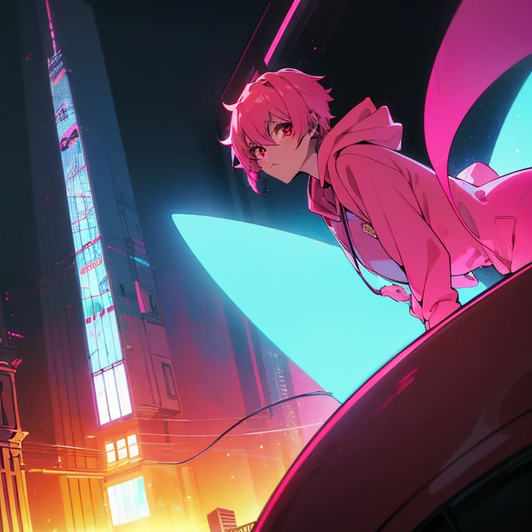 (top quality), (masterpiece), (Super detailed), (shortcut), (two block hair), (bright pink hair), (red eyes), (cool pose), (man wearing headphones), (oversized hoodie), (Street style), (neon), (modern city), (neonデイライト), (cinematic), (stylish), (High resolution), (hyper-detailed), (soft town), (Nightcore), (a handsome guy), (natural appearance of the building), (IG studio anime style), (Low - Angle), (looking at the camera), (visualize)