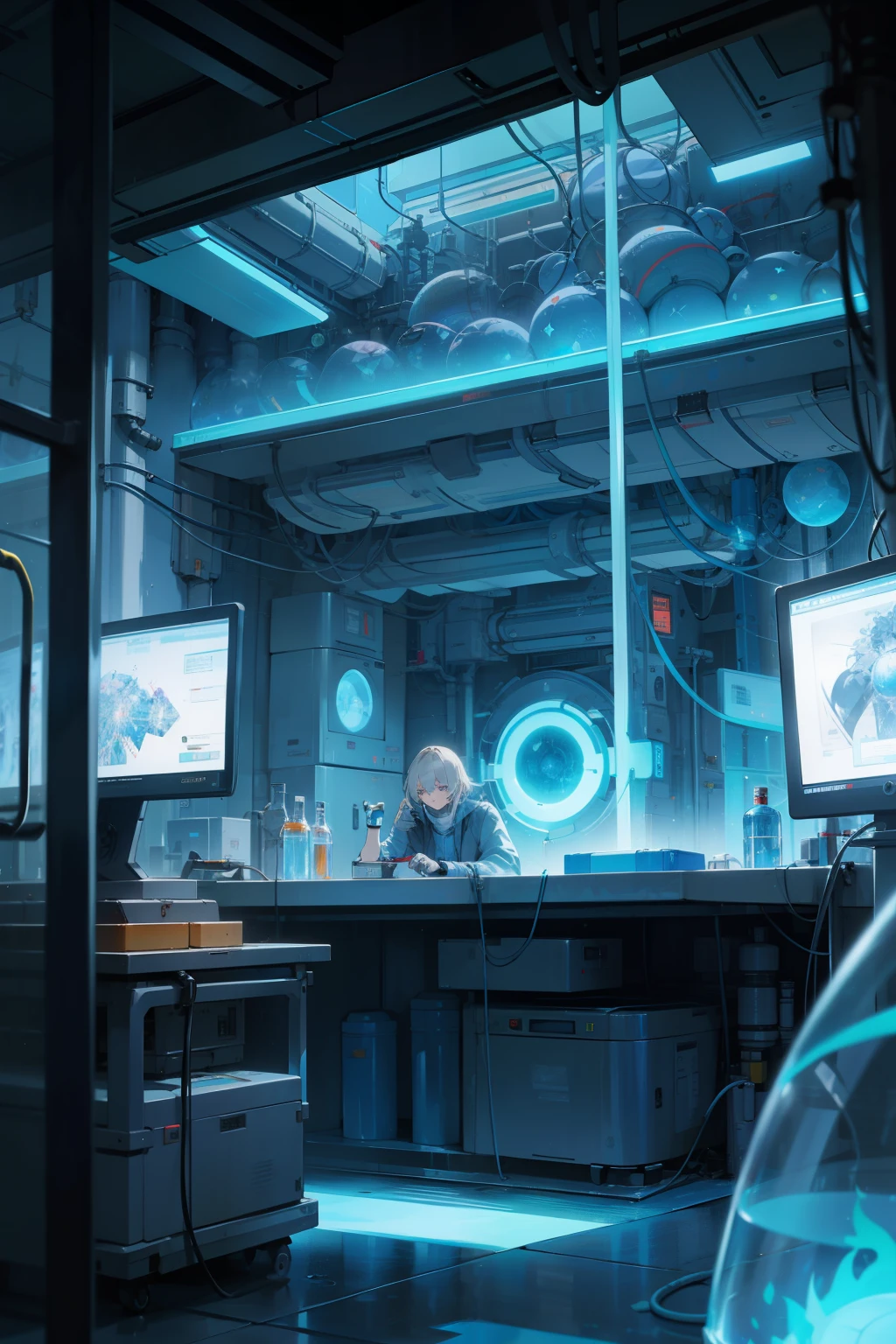 ValvePunkAI Lab, a retro-futuristic laboratory set in the dimensions of 1280x720, is a chaotic and cluttered environment where the fusion of nuclear energy and advanced biology takes center stage. Among the buzzing machines and flickering teslapunkai-inspired contraptions, a plasma-filled chamber captures the attention. The air crackles with the electric energy as the untamed power of nuclear fusion is harnessed within the lab. The scene is a testament to the fusion of retro aesthetics and cutting-edge technology, showcasing the limitless possibilities of the ValvePunkAI Lab.