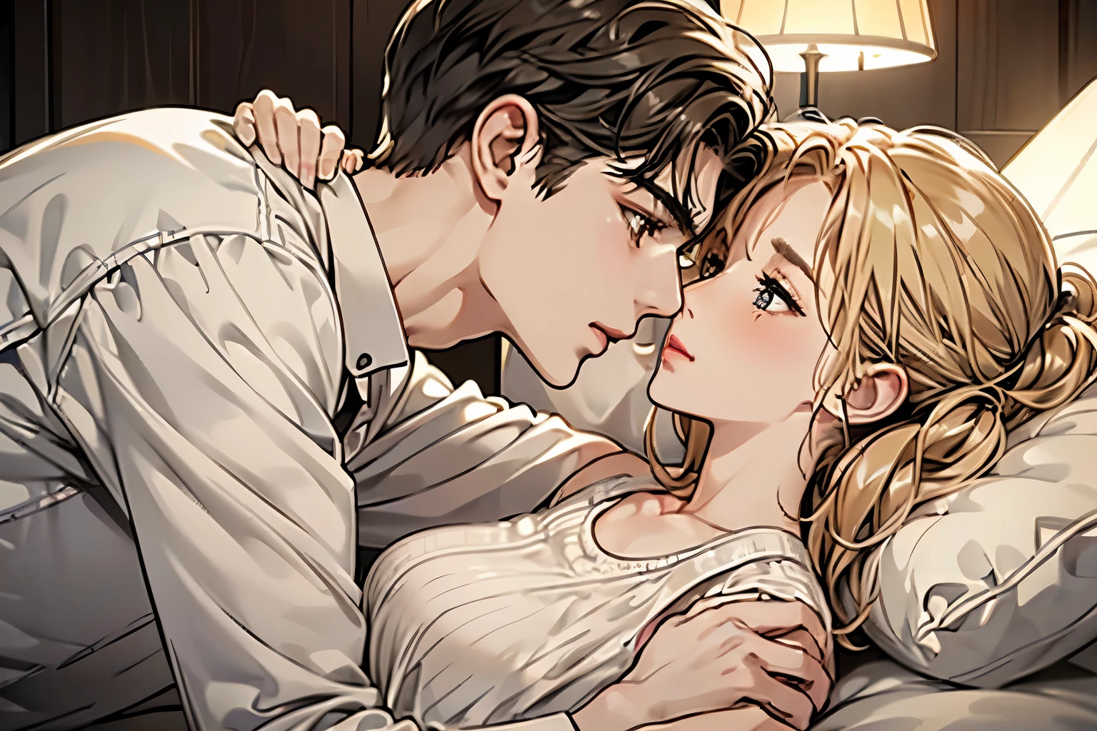 NFSW、((monochrome))、((line art))、NSFW、Act of love in the couple&#39;s bedroom、close up of face、mother and young dark-haired man、put your hand on the other man&#39;s chin、wet hair、blushing expression、She has medium golden blonde hair tied up.、adult red lips、The nape of the neck is exposed、Immoral background with only lamp light source、anatomically correct appearance、Biologically correct appearance、