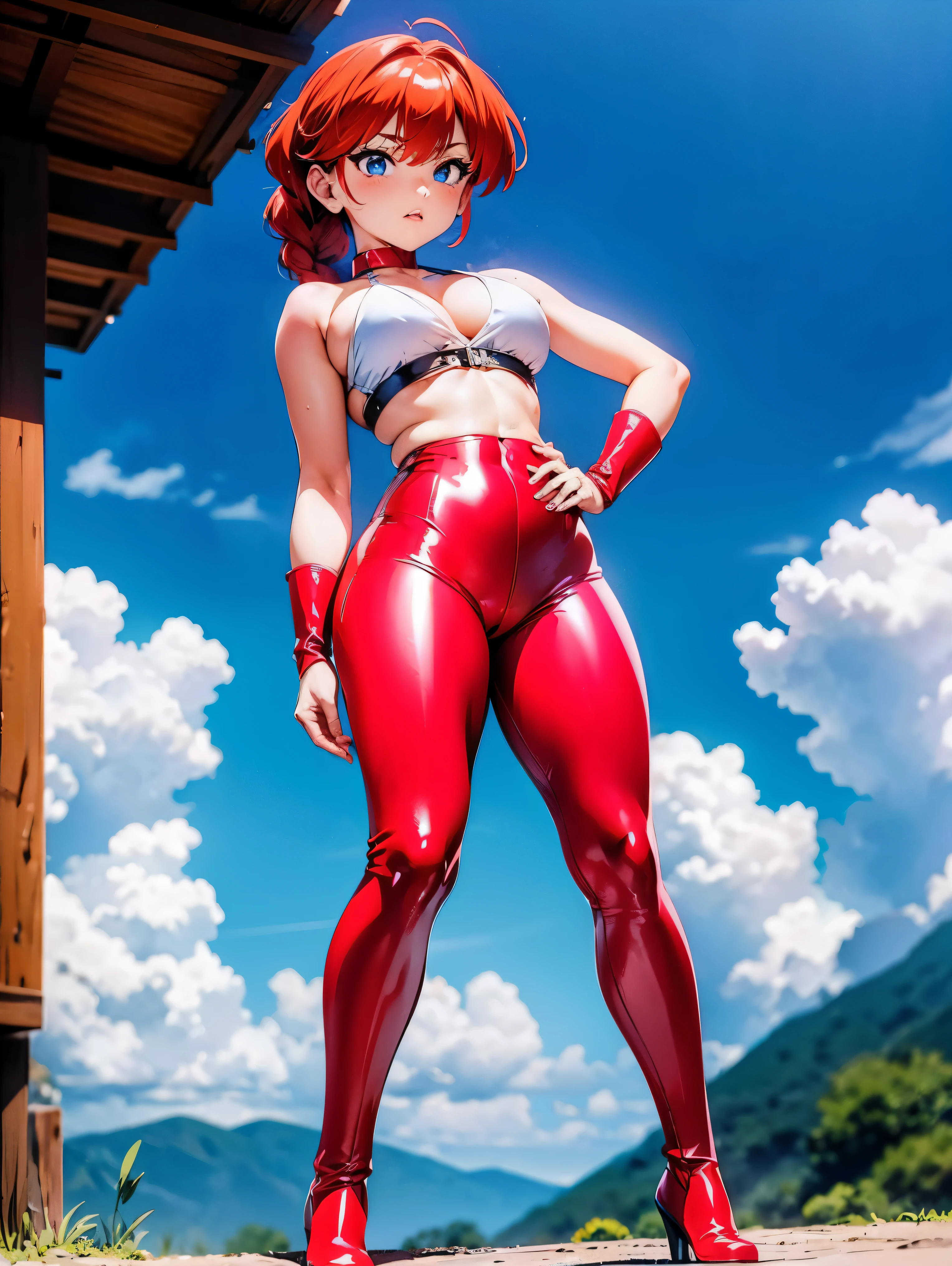 Redhead anime girl wearing pink latex top and black leather pants, , corpo bonito, seios grandes, with one hand on your waist and the other on your lips, hand on hip, hand with finger on lip, dedo na boca, grupo sexy, red hair with braid, beautiful lighting, sombras suaves, olhos azuis, pernas bonitas, hair with braid, estilo anime, Ranma Chan, Autora Rumiko Takahashi, Baseado em obra de Rumiko Takahashi, Anime Ranma 1/2, seios grandes, decote sexy, quadril robusto, corpo inteiro, corpo inteiro, Seios lindos, garota jovem com corpo belo e bonito, roupa chinesa sexy, botas pretas, leather boot shoes, dedo no rosto gesto sexy