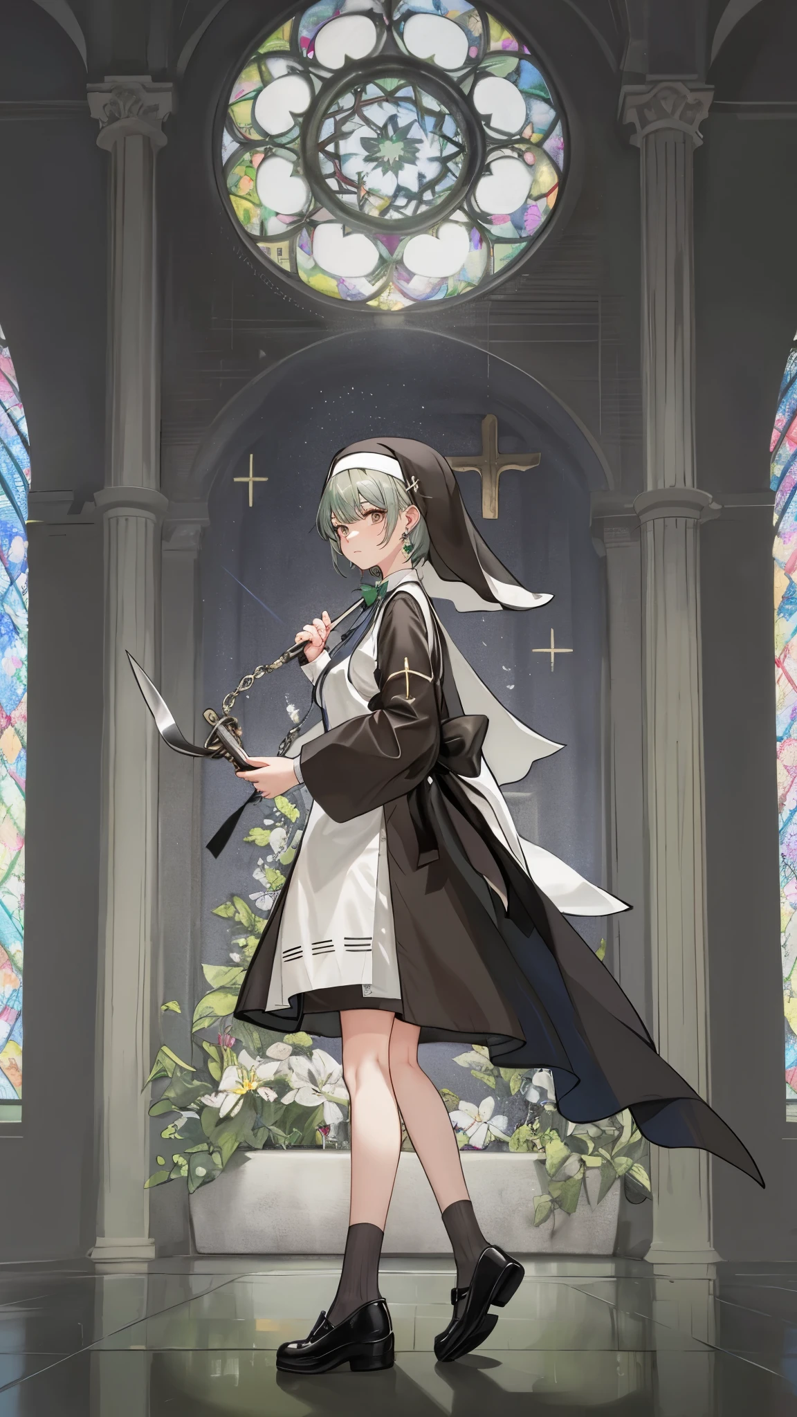 Short gray-green hair,close up,dream world,Nun sister,loose nun, Gray-brown eyes that have lost their highlights,abbey,pray,tear nevus,earrings,(earrings,Holding a short knife),necklace,bow tie,humanoid,Mirror,Church background, her skin is white, fair complexion,Short gray-green hair发, flat shoes,Short socks