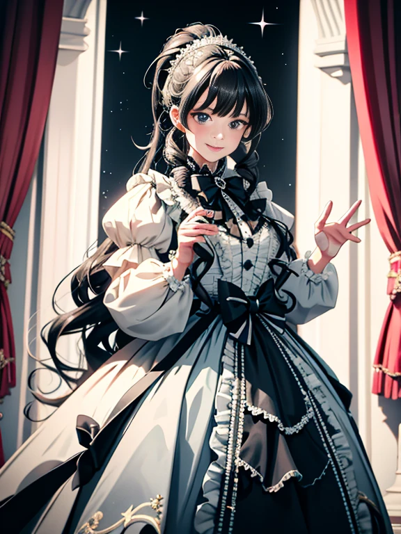 dramatic composition, coat style dress, royal, nice, カスケードfrills, frills, bow, crystal chandelier, roman curly hairstyle, ponette, double ponytail like a drill, look at the camera, bangs, maximalism, palace background, Delicate depiction of hair and eyes, princess dress, nice skirts, flowers in hand, smile, Eyes like the starry sky, cinematic light, extreme detail, High resolution, happy girl, very long hair, diamond, broken diamond, crystal shards, particles of light,pretty hand,accurate hands,gentle hands