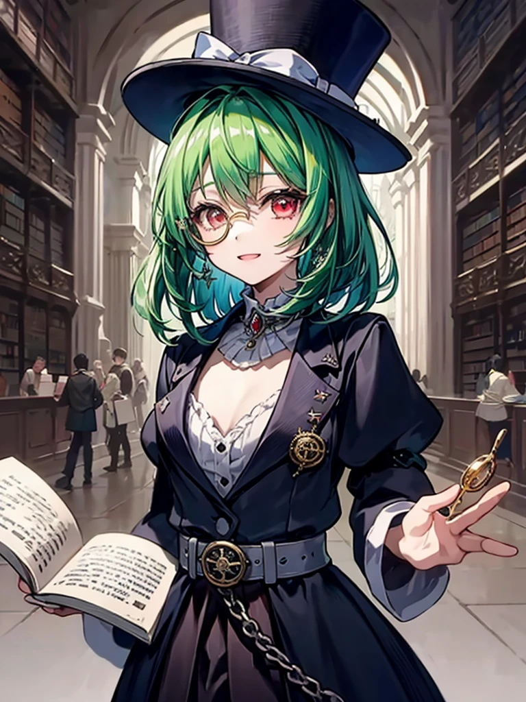 (((masterpiece、Highest image quality、highest quality、highly detailed unity 8kwallpaper)))、((Illustration of one girl、upper body))、(((beautiful girl)))、(librarian)、(Emerald green hair、messy hair、sidelocks:1.2、red eyes、crazy smile)、(((flat chest)))、(((monocle)))、pocket watch、(((Black top hat、Black tuxedo、belt)))、great medieval library、Large amount of books