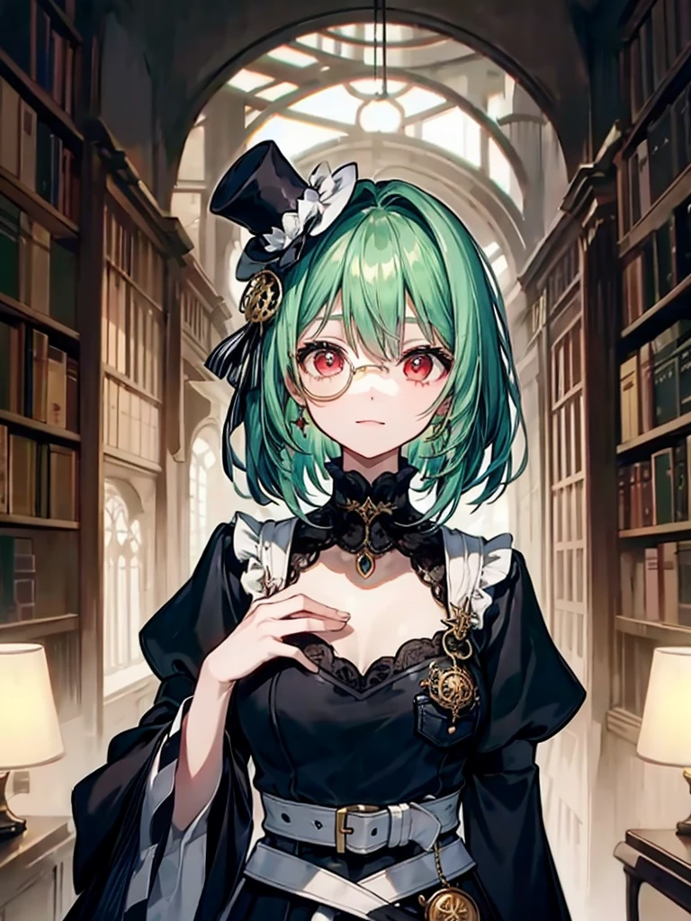 (((masterpiece、Highest image quality、highest quality、highly detailed unity 8kwallpaper)))、((Illustration of one girl、upper body))、(((beautiful girl)))、(librarian)、(Emerald green hair、messy hair、sidelocks:1.2、red eyes、crazy smile)、(((flat chest)))、(((monocle)))、pocket watch、(((Black top hat、Black tuxedo、belt)))、great medieval library、Large amount of books
