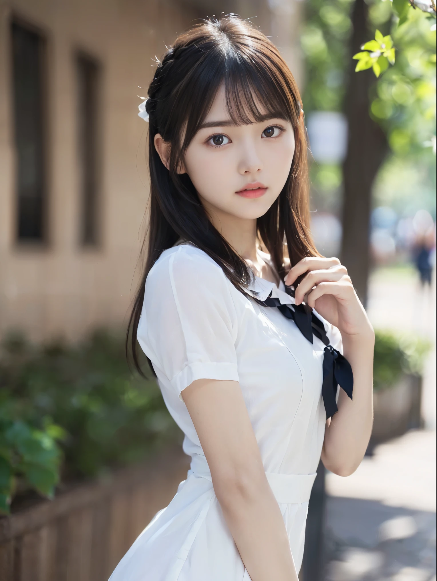 ((超絶リアルなhighest quality、Drawn details)、(Photographed from the front:1.4),(Center of gravity on one leg：1.9）,(Stand upright:1.5),(Slender figure wearing summer uniform) ,(Close up of twin-tailed hair girl:1.3)、(realistic background:1.3)、(anatomically correct:1.3)、(full hand:1.3)、(full finger:1.3)、Photoreal、Raw photo、highest quality、high resolution、delicate and beautiful、perfect face、beautiful and fine eyes、Fair skin、real human skin、pores、((thin legs))、(black hair)