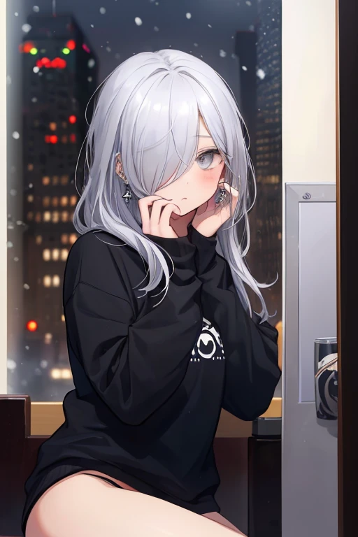 ((masterpiece:1.4, best quality:1.2)), 1girl, solo focus, beautiful skin, blush, black sweatshirt, long white hair, grey eyes, sitting, earrings, Hands on face, piercing, coffee shop window, night, snowing, cityscape, tall female, beautiful and delicate female, comfy ambience, {correct posing}, {detailed background}, I'm not wearing panties, hair over one eye, shy, Not wearing underwear, sexy