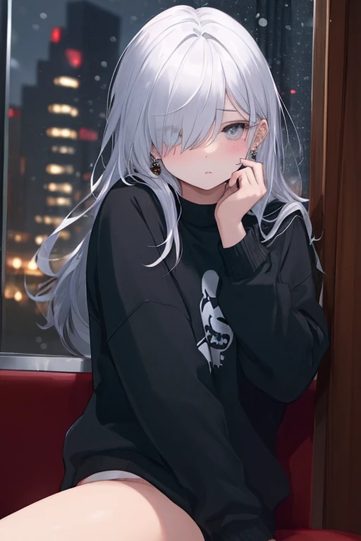 ((masterpiece:1.4, best quality:1.2)), 1girl, solo focus, beautiful skin, blush, black sweatshirt, long white hair, grey eyes, sitting, earrings, Hands on face, piercing, coffee shop window, night, snowing, cityscape, tall female, beautiful and delicate female, comfy ambience, {correct posing}, {detailed background}, I'm not wearing panties, hair over one eye, shy, Not wearing underwear, sexy