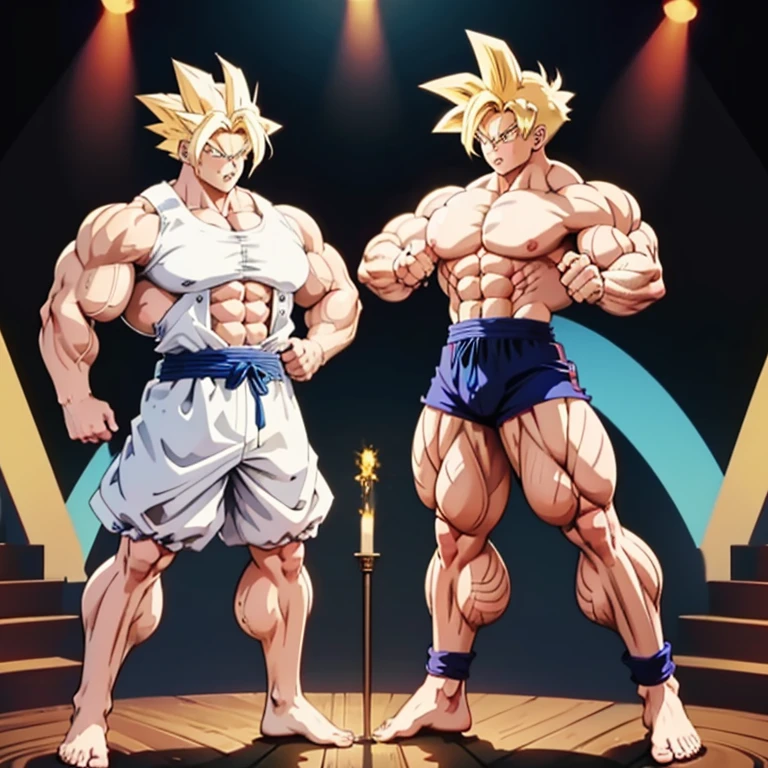 Anime-Stil , High quality full body image of Goku as a bodybuilder, ist&#39;Ich trage nur einen Tanga , ohne Schuhe, Feet, bare Feet, massive muscular body, huge muscular shoulders, Massive big biceps, defined muscular chest, brustmuskeln, Venen im Bizeps, Muskelbeine, massive muscular abs, Bizepsflex. posierend, Sie schwitzt, very muscular, The toned body shines in the spotlight, he is standing on a stage, much muscular sexy, Bodybuilding-Pose, seitliche pose, The strongest 