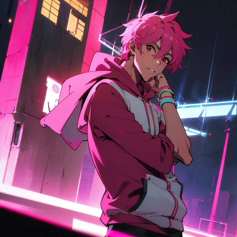 (top quality), (masterpiece), (Super detailed), (shortcut), (two block hair), (bright pink hair), (red eyes), (cool pose), (man wearing headphones), (oversized hoodie), (Street style), (neon), (modern city), (neonデイライト), (cinematic), (stylish), (High resolution), (hyper-detailed), (soft town), (Nightcore), (a handsome guy), (natural appearance of the building), (IG studio anime style), (Low - Angle), (looking at the camera), (visualize)