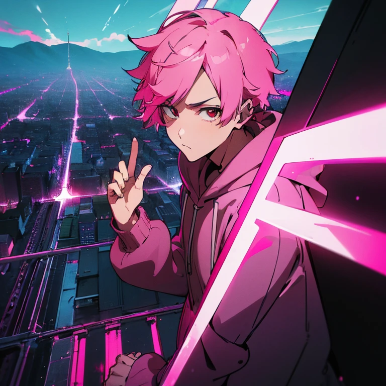 (top quality), (masterpiece), (Super detailed), (shortcut), (two block hair), (bright pink hair), (red eyes), (cool pose), (man wearing headphones), (oversized hoodie), (Street style), (neon), (modern city), (neonデイライト), (cinematic), (stylish), (High resolution), (hyper-detailed), (soft town), (Nightcore), (a handsome guy), (natural appearance of the building), (IG studio anime style), (Low - Angle), (looking at the camera), (visualize)