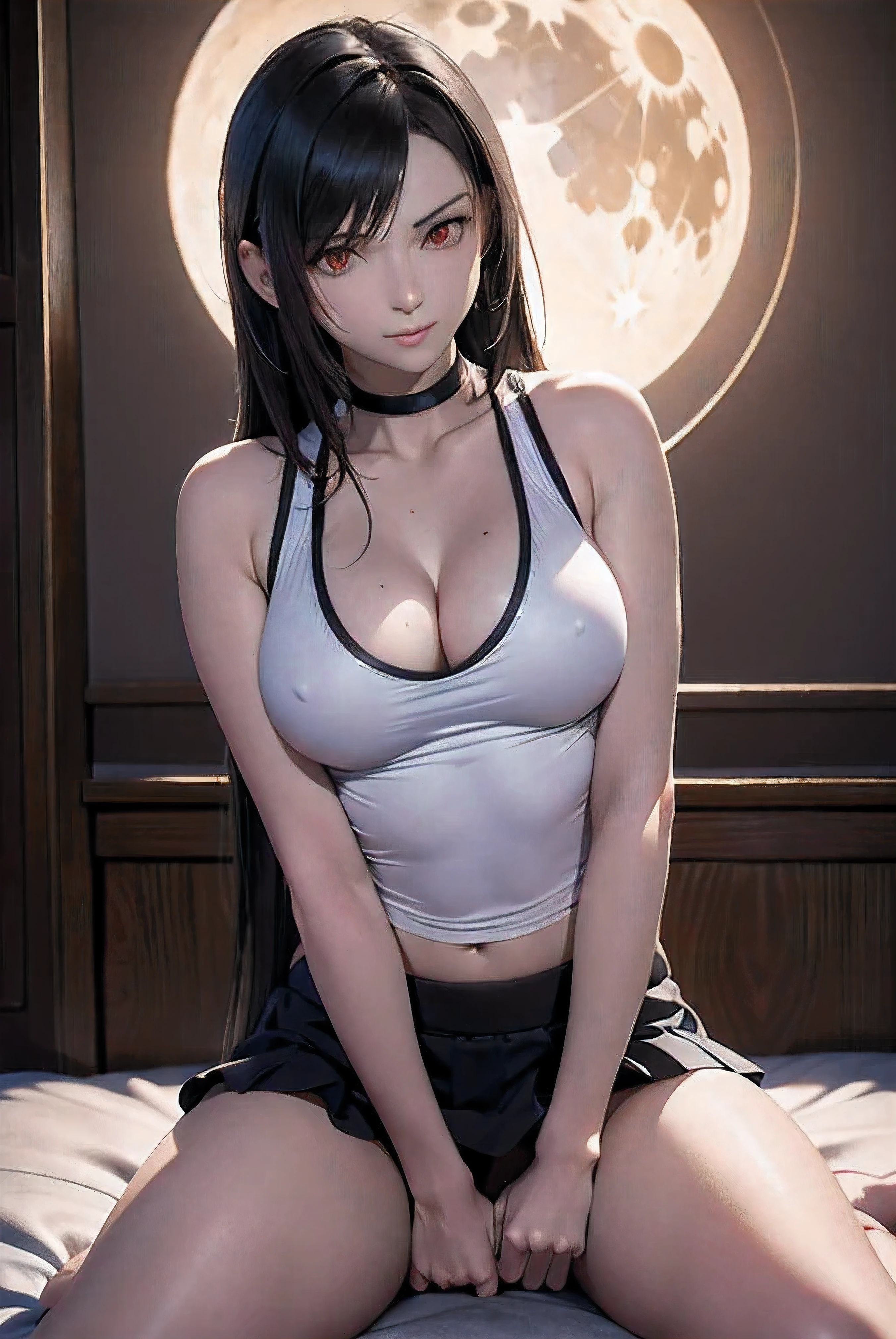NSFW, white tank top with black trim and black skirt, black long hair, the girl has really red eyes, tifa lockhart, The girl is , beautiful skin, realistic anime, anime realism style, Output in 8K, highest quality,Natural light, professional lighting, shiny skin, silky skin, lay tracing, moon crystal, Crystal Power, magic, Moonstones