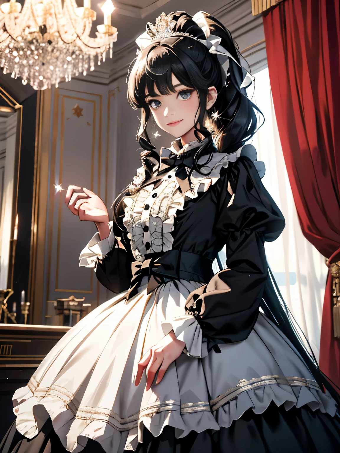 dramatic composition, coat style dress, royal, nice, カスケードfrills, frills, bow, crystal chandelier, roman curly hairstyle, ponette, double ponytail like a drill, look at the camera, bangs, maximalism, palace background, Delicate depiction of hair and eyes, princess dress, nice skirts, flowers in hand, smile, Eyes like the starry sky, cinematic light, extreme detail, High resolution, happy girl, very long hair, diamond, broken diamond, crystal shards, particles of light,pretty hand,accurate hands,gentle hands