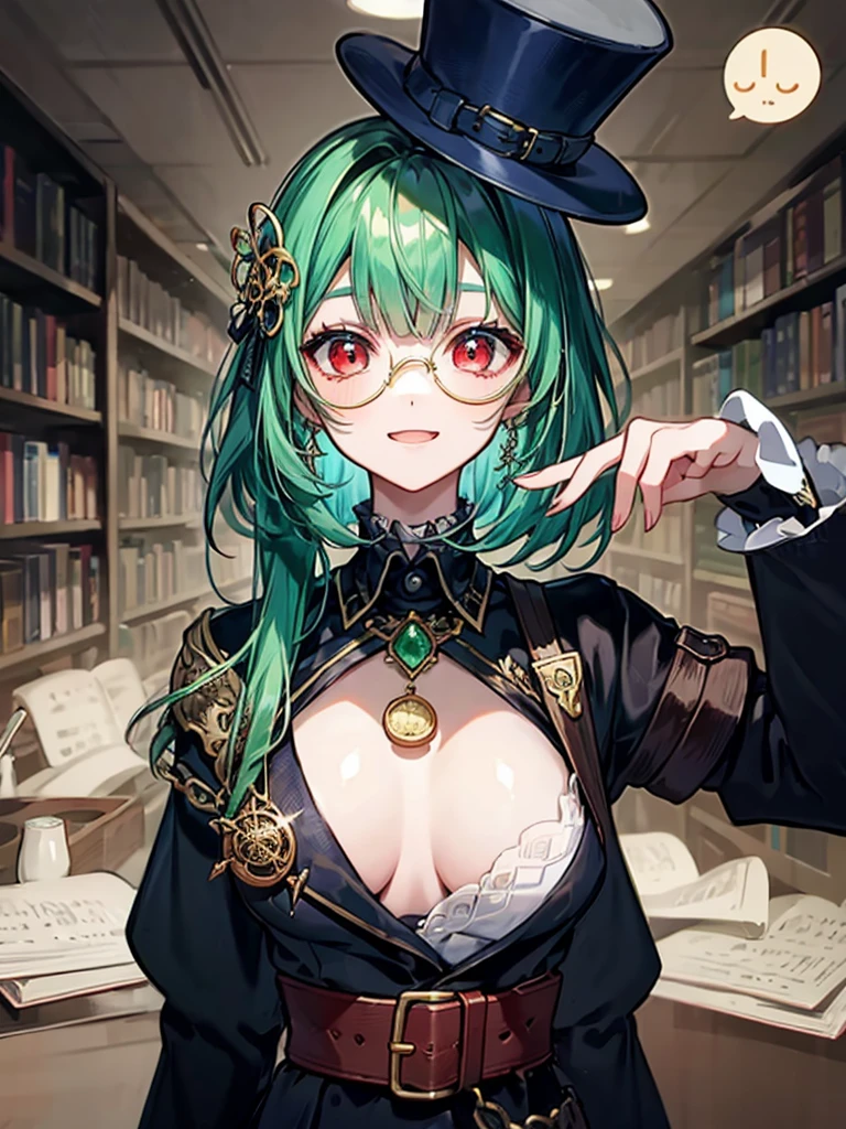 (((masterpiece、Highest image quality、highest quality、highly detailed unity 8kwallpaper)))、((Illustration of one girl、upper body))、(((beautiful girl)))、(librarian)、(Emerald green hair、messy hair、sidelocks:1.2、red eyes、crazy smile)、(((flat chest)))、(((monocle)))、pocket watch、(((Black top hat、Black tuxedo、belt)))、great medieval library、Large amount of books