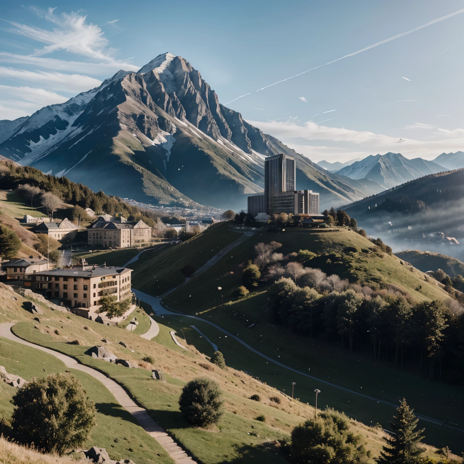 Hills, large building on hills, modern building, glass building, mountain background, day time, high details, detailed background, 8k, masterpiece, high resolution, no one