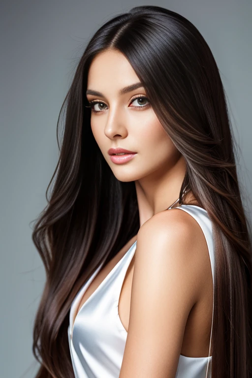Full-face portrait photo of a 25-year-old female lawyer, RAW, beautiful woman, elegant, half-open strawberry lip, dimples, melancholy expression, (brown hair with extra long curl), ((detailed face)), ((detailed facial features)), (detailed thin skin), pale skin, office environment, (semi-warm color), moist, humid, reflection, (masterpieceShot with Canon EOS R5 (detail) (Realistic photos) ( detailed details) 50mm lens, f/2.8, HDR, (8k) (wallpaper) (cinematic lighting) (dramatic lighting) (sharp focus) (complex), RAW photography, RAW photography, gigachade photography, camera pose, suit, rear arm, 8k uhd, dslr, high quality,, Grain Film, Fujifilm XT3, Film Stock Photo 4 Kodak Portra 400 Camera F1 .6 Lens Rich Colors Ultra Realistic Textures Dramatic Lighting Engine Art Station Trends Unreal Cinestill 800 Tungsten, Toughboy Style, Ultra Focus Face, Intimidating, Half-Profile Position, Tied Hair, Muscles, Popped Veins, Beads, ((off-shoulder crop top))