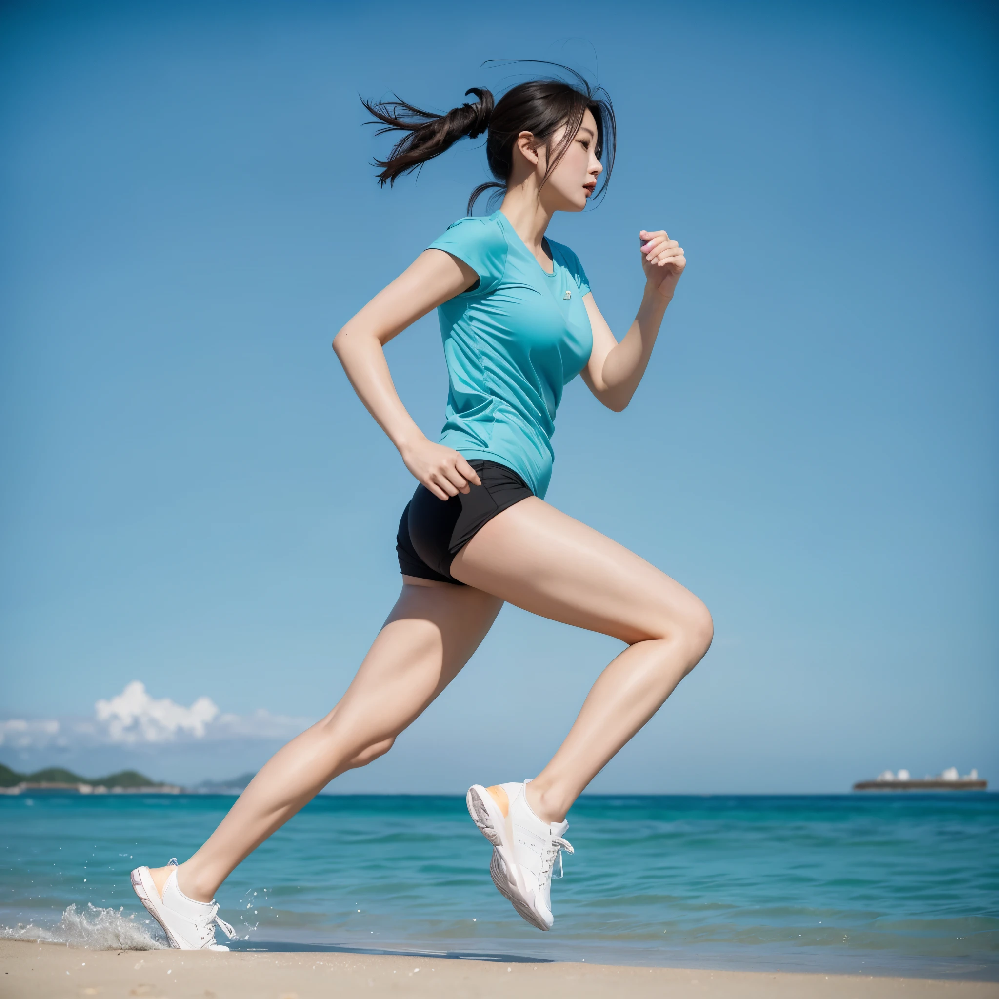 （In reality， high resolution：1.3, masterpiece, 8K, best quality, ultra detailed ）,weighing 70 kg Korean woman running on the beach, healthy female body, Plump body, 하얀색 런닝화