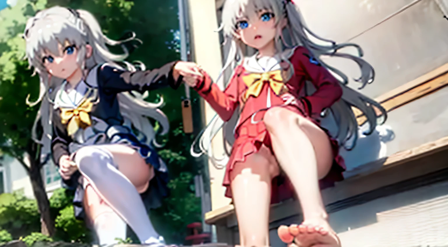 Nao Tomori, White hair, beautiful blue eyes, bare feet, focus on your toes, Detailed, ultra quality