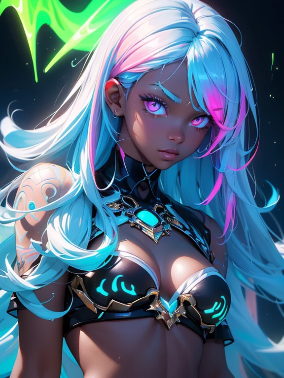 (masterpiece, high quality, high resolution, absurd, super detailed, High saturation、8k),real:1.5,solo,(bikini),cute face,provocative look、neat and clean、sexy、dark skin、oil skin、glowing eyes、(fluorescence hair),(colorful fluorescence hair:1.5)、 ,colorful,