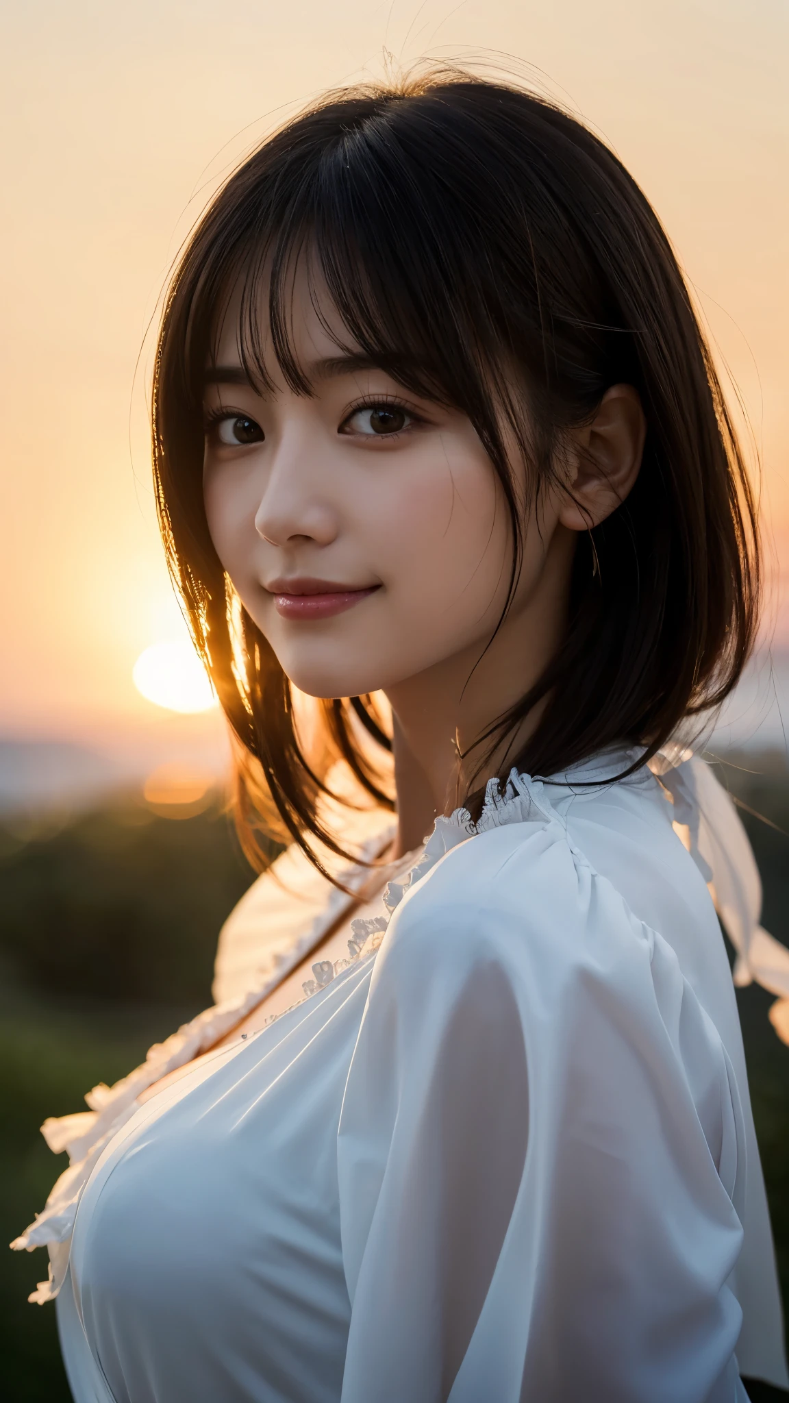(highest quality,masterpiece:1.3,ultra high resolution),(Super detailed,caustics,8k),(photorealistic:1.4,RAW shooting),[lora:siitake-eye:0.5],(low position),(Low - Angle),(side shot:1.1),(Landscape),(profile),Japanese,28 years old,cute,smile,(Black hair fluttering in the wind:1.2),Middle hair,(big ),white blouse,(face focus),(Face close-up),(bust up shot),(sunset sky),soft light,Natural light,professional writing