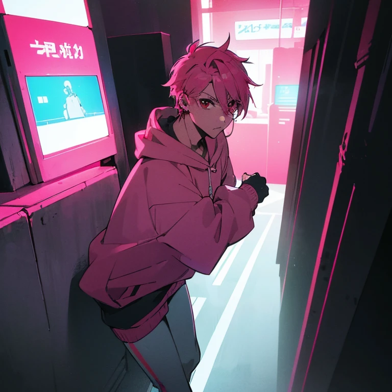 (top quality), (masterpiece), (Super detailed), (shortcut), (two block hair), (bright pink hair), (red eyes), (cool pose), (man wearing headphones), (oversized hoodie), (Street style), (neon), (modern city), (neonデイライト), (cinematic), (stylish), (High resolution), (hyper-detailed), (soft town), (Nightcore), (a handsome guy), (natural appearance of the building), (IG studio anime style), (Low - Angle), (looking at the camera), (visualize)