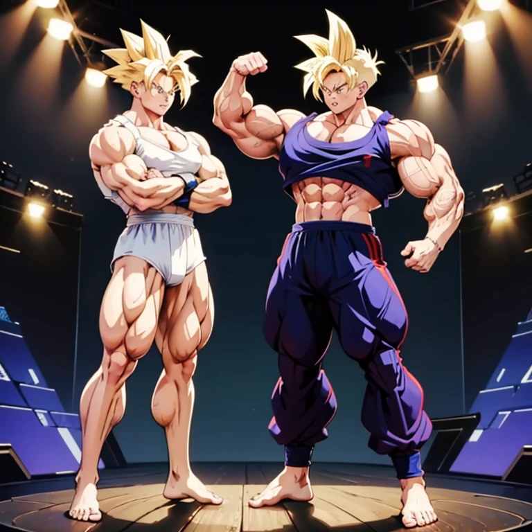 Anime-Stil , High quality full body image of Goku as a bodybuilder, ist&#39;Ich trage nur einen Tanga , ohne Schuhe, Feet, bare Feet, massive muscular body, huge muscular shoulders, Massive big biceps, defined muscular chest, brustmuskeln, Venen im Bizeps, Muskelbeine, massive muscular abs, Bizepsflex. posierend, Sie schwitzt, very muscular, The toned body shines in the spotlight, he is standing on a stage, much muscular sexy, Bodybuilding-Pose, seitliche pose, The strongest 