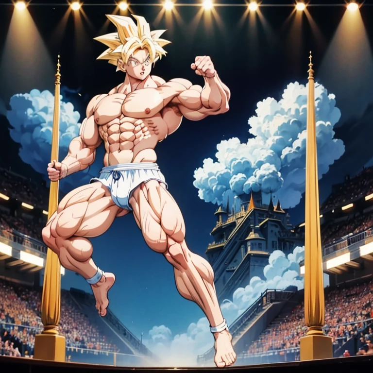 Anime-Stil , High quality full body image of Goku as a bodybuilder, ist&#39;Ich trage nur einen Tanga , ohne Schuhe, Feet, bare Feet, massive muscular body, huge muscular shoulders, Massive big biceps, defined muscular chest, brustmuskeln, Venen im Bizeps, Muskelbeine, massive muscular abs, Bizepsflex. posierend, Sie schwitzt, very muscular, The toned body shines in the spotlight, he is standing on a stage, much muscular sexy, Bodybuilding-Pose, seitliche pose, The strongest 