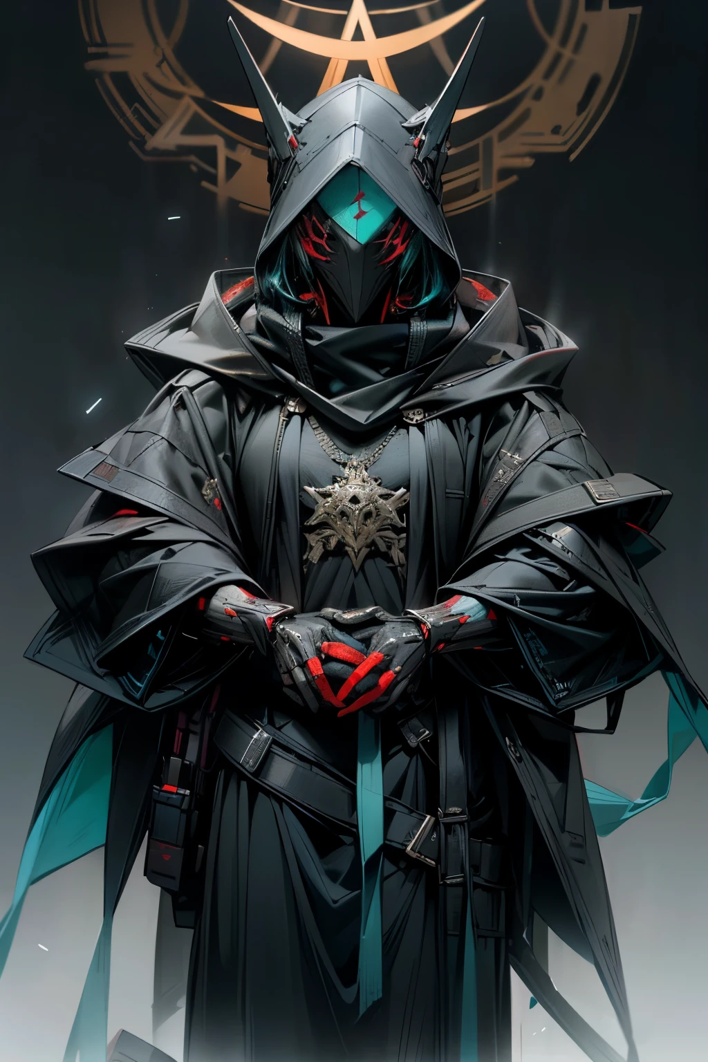 (((A mesmerizing creation))), (((displaying exceptional craftsmanship))), A breathtaking sight comes into view. In the heart of Arstotzka, a figure emerges, donning a mask and a black hoodie. This hyper-realistic masterpiece exudes a cyberpunk atmosphere, evoking the essence of a digital anime. The color scheme is dominated by striking shades of cyan, flawlessly enhancing the intensity of the red eyes and the enigmatic blackness of the mask.
