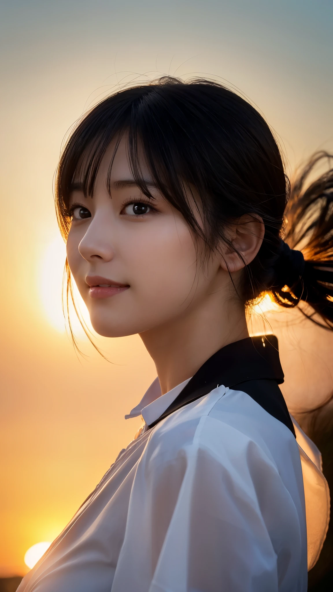 (highest quality,masterpiece:1.3,ultra high resolution),(Super detailed,caustics,8k),(photorealistic:1.4,RAW shooting),[lora:siitake-eye:0.5],(low position),(Low - Angle),(side shot:1.1),(Landscape),(profile),Japanese,28 years old,cute,smile,(Black hair fluttering in the wind:1.2),Middle hair,(big ),white blouse,(face focus),(Face close-up),(bust up shot),(sunset sky),soft light,Natural light,professional writing