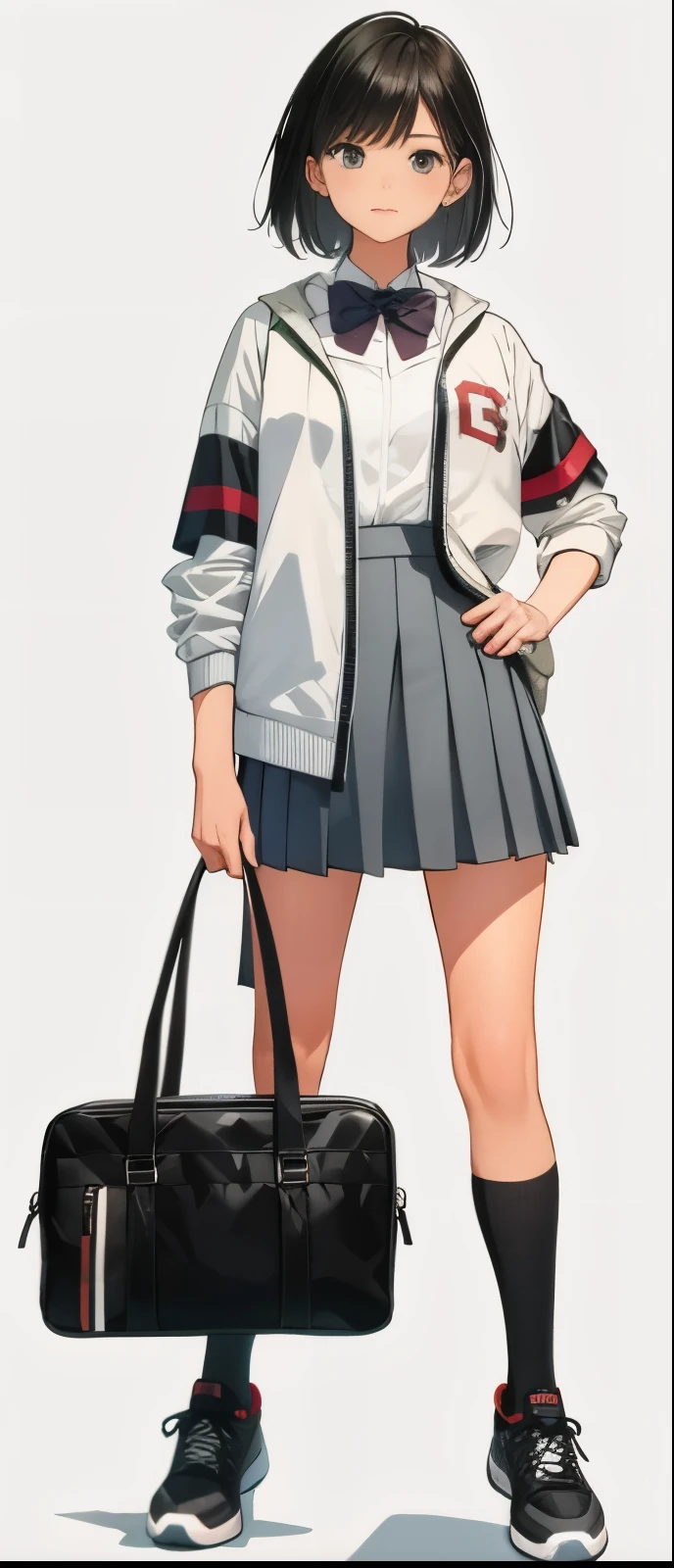 female high school student，short hair，Pen in hand，petite，black hair，sportswear，pleated skirt，sports shoes，red bow tie，masterpiece，highest quality，from comic studio，exquisite eyes，leather shoes，Black satchel