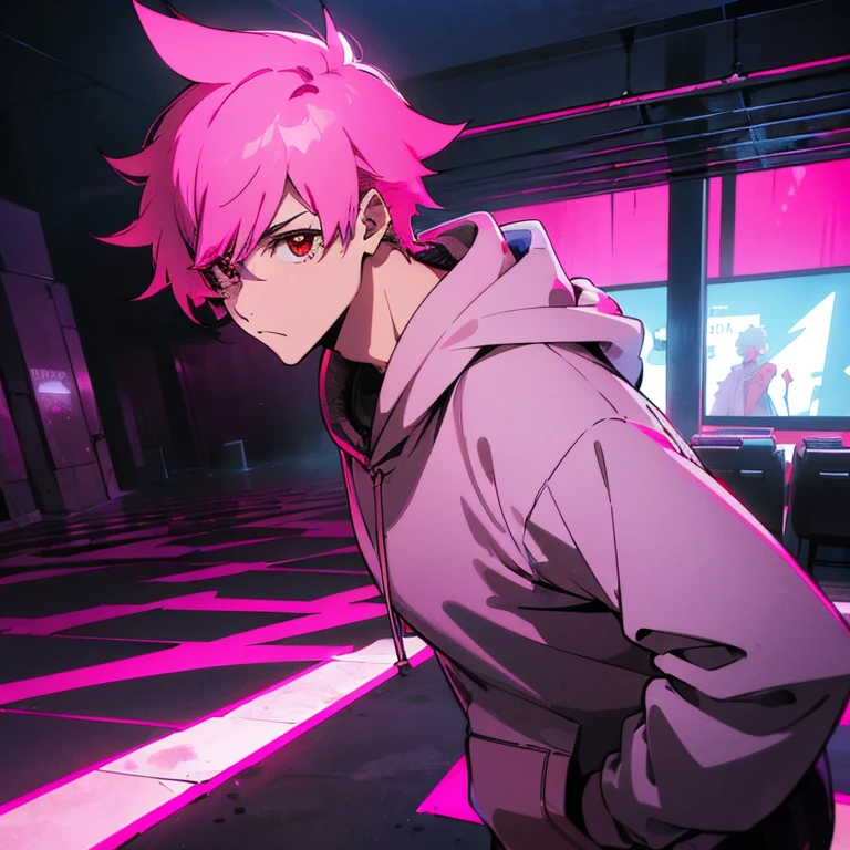 (top quality), (masterpiece), (Super detailed), (shortcut), (two block hair), (bright pink hair), (red eyes), (cool pose), (man wearing headphones), (oversized hoodie), (Street style), (neon), (modern city), (neonデイライト), (cinematic), (stylish), (High resolution), (hyper-detailed), (soft town), (Nightcore), (a handsome guy), (natural appearance of the building), (IG studio anime style), (Low - Angle), (looking at the camera), (visualize)