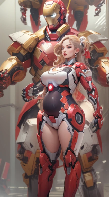 boutique,最high quality,gold jewelry,(Slipping off the foot),Fairy skin,(fidelity :1.2),Are standing,Super detailed,realistic,high quality,movie light,ray tracing,Ultra HD、((Upper body girl standing next to giant robot wearing futuristic Iron Man mecha)), red and gold color scheme, Gweiz-style artwork, Cyberpunk Mecha, trend in cgstation, Gweiz, Russell Dongjun Lu, digital cyberpunk anime art, lost run 8k, Gweiz on ArtStation Pixiv, girl in mecha network armor、Cute girl and robot、cool.Group photo)、earrings、、pregnant woman、thick thighs、thick legs、thick waist、big ass、big nipples、big areola、big nipples、big breasts、Plump、plump body、earrings、bangle、Foot wheels、(nail polish、pedicure)、large and disproportionate breasts、large and disproportionate breastsの谷間、Chest apart, (Super high resolution、Precise details、Big Beauties)、Thick jiggling arms、perfect face、big lips、Big eyes、necklace、hard nipples、tattoo、watch、(golden hair charm)、(take a fighting stance、Emergency)、(1 giant robot and 2 busty androids:1.2)