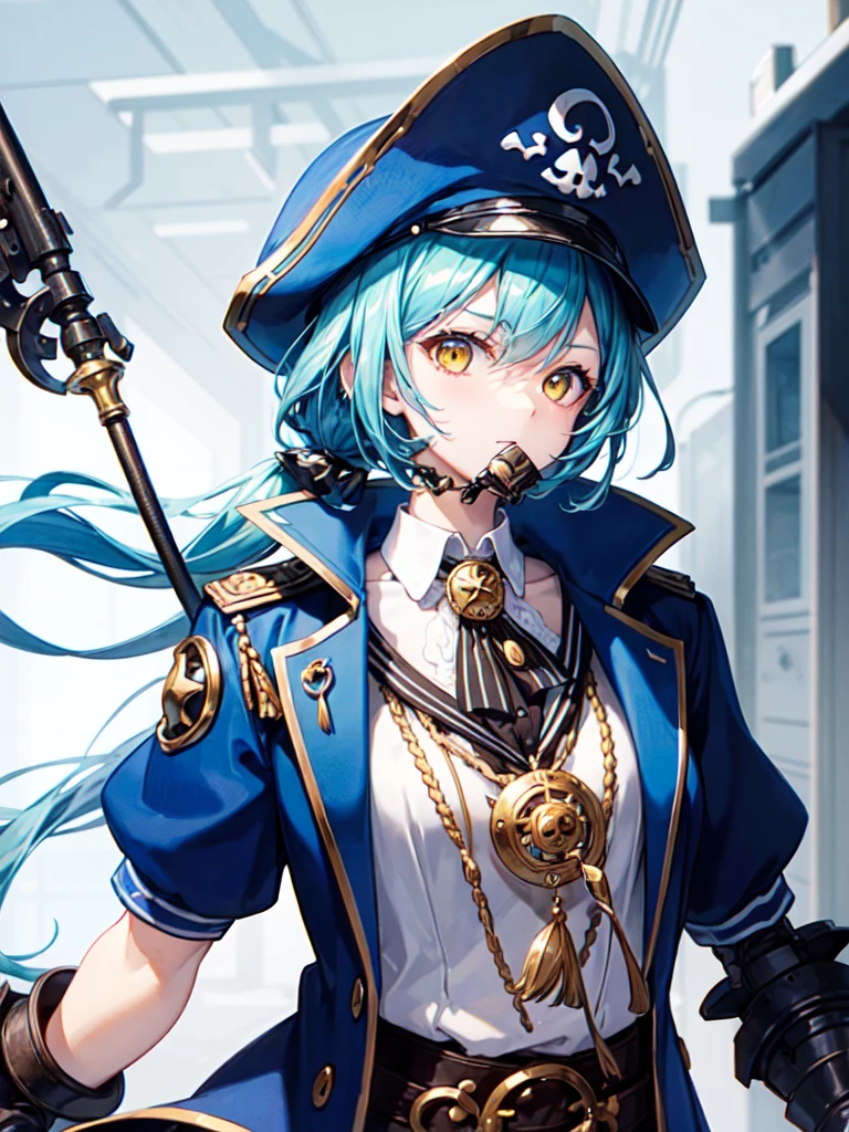 （（（masterpiece、Highest image quality、highest quality、highly detailed unity 8ｋwallpaper）））、（（Illustration of one girl、upper body））、（（（beautiful girl）））、（fantasy、female pirate）、（Light light blue hair、short ponytail：1.2、yellow eyes）、（（（Right hand is a prosthetic hand、steampunk prosthetic arm）））、（（tall））、bulky figure, massive frame, thick neck, sturdy arms, powerful legs、（captain&#39;s suit、Pirate hat、Blue coat）
