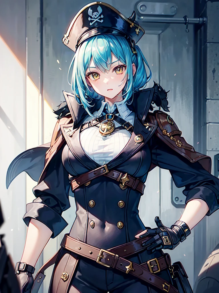 (((masterpiece、Highest image quality、highest quality、highly detailed unity 8kwallpaper)))、((Illustration of one girl、upper body))、(((beautiful girl)))、(fantasy、female pirate)、(Light light blue hair、short ponytail:1.ellow eyes)、(((Right hand is a prosthetic hand、steampunk prosthetic arm)))、((tall))、bulky figure, massive frame, thick neck, sturdy arms, powerful legs、(captain's suit、Pirate hat、Blue coat)