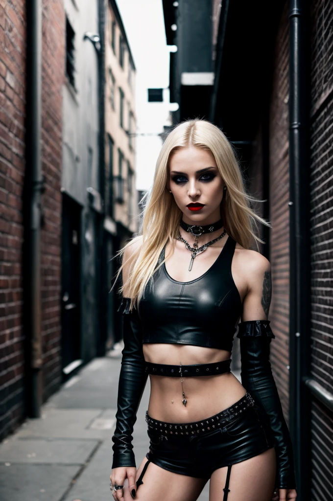 (realistic,photography:1.2),slim sexy woman,gothic aesthetic,gothic fashion,seductive,tight strappy crop top,very tight short hotpants,blonde edgy messy hair,black make up,close-up,full body shot,provocative pose,dark background,mysterious lighting,intense gaze,flirting with camera,standing in a alleyway,deep red lipstick,pale skin,piercing blue eyes,dramatic shadows,long legs,powerful stance,smoky eye makeup,wearing a choker necklace,edgy accessories,grungy atmosphere,urban setting,high contrast,emphasizing the woman's allure,shot from a low angle,dramatic perspective and composition,Ethereal and haunting.