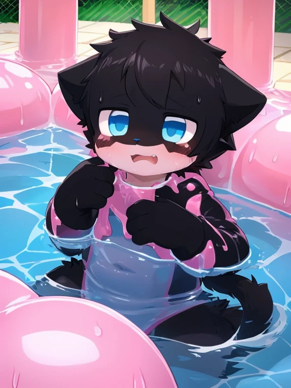 4K，8k，high resolution，masterpiece, best quality，blue eyes, hairy, alone, Wearing a pure pink slime suit， wet fur, Pink slime drowned，((black cat，Shota))In the amusement park，black cat贴史莱姆身上