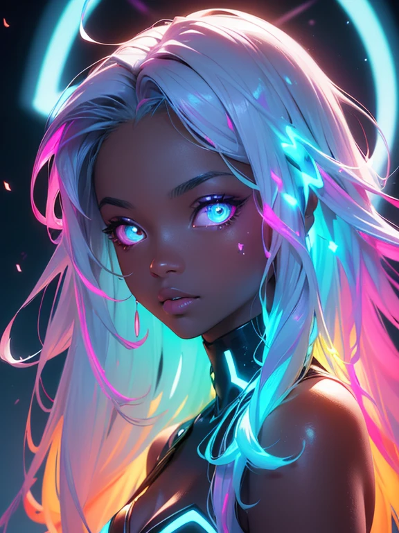 (masterpiece, high quality, high resolution, absurd, super detailed, High saturation、8k),real:1.5,solo,(bikini),cute face,neat and clean、sexy、dark skin、oil skin、glowing eyes、(fluorescence hair),(colorful fluorescence hair:1.5)、 ,colorful,