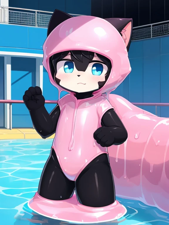 4K，8k，high resolution，masterpiece, best quality，blue eyes, hairy, alone, Wearing a pure pink slime suit， wet fur, Pink slime drowned，((black cat，Shota))In the amusement park，black cat贴史莱姆身上