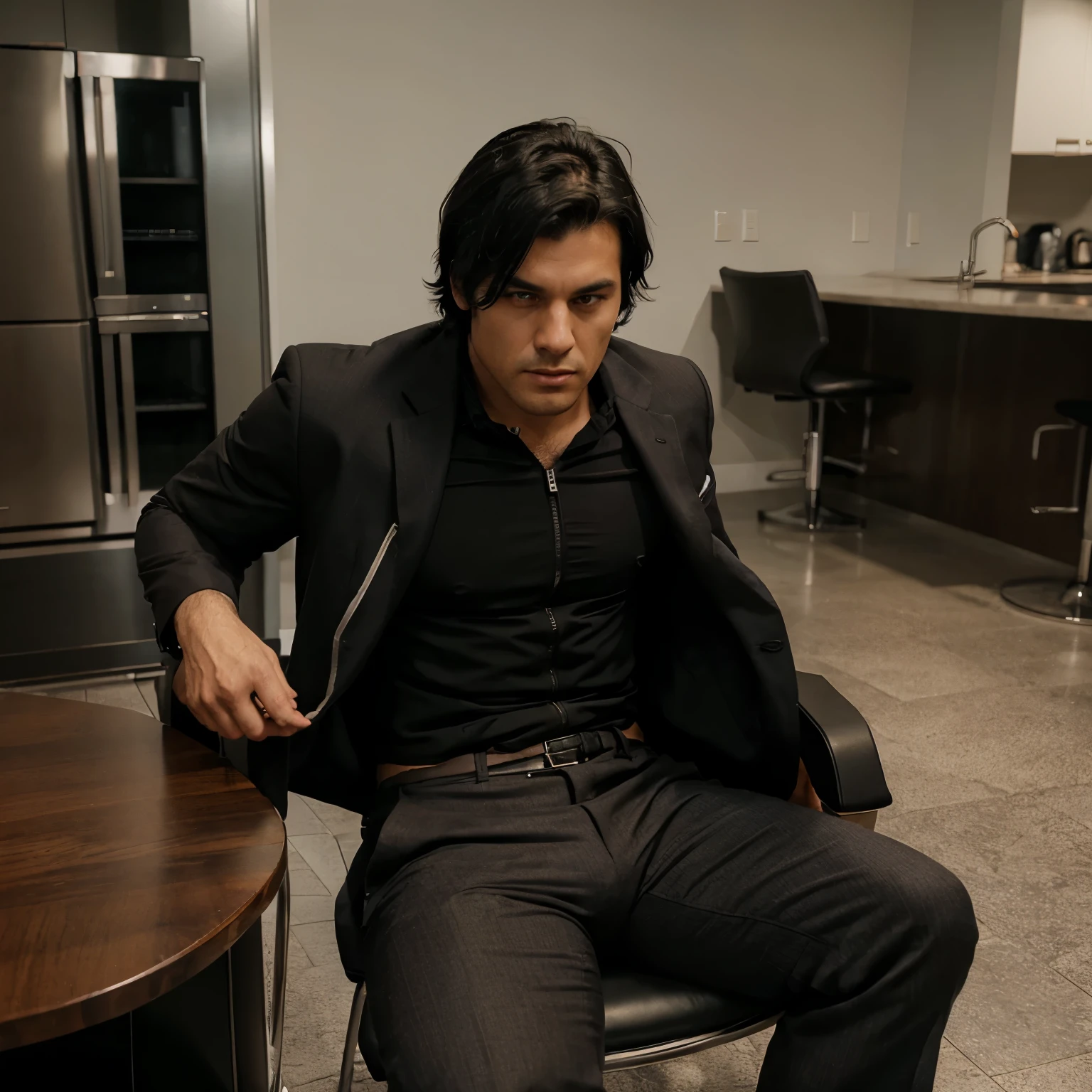 Man, messy black hair, muscular, cold face, wearing a suit, unzipped pants, show out dick, sitting on a chair
