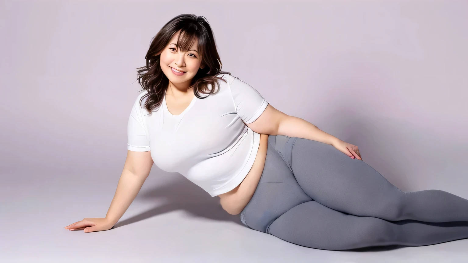 He is wearing only gray sports pants pants.、Beautiful legs with beautiful skin color open、BMI29、Chubby、sloppy belly、sloppy body