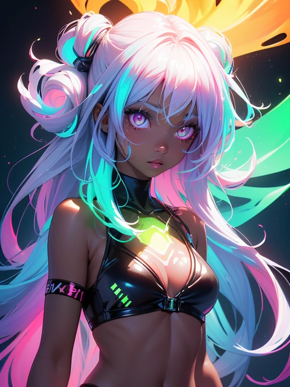 (masterpiece, high quality, high resolution, absurd, super detailed, High saturation、8k),real:1.5,solo,(bikini),cute face,neat and clean、sexy、dark skin、oil skin、glowing eyes、(fluorescence hair),(colorful fluorescence hair:1.5)、 ,colorful,