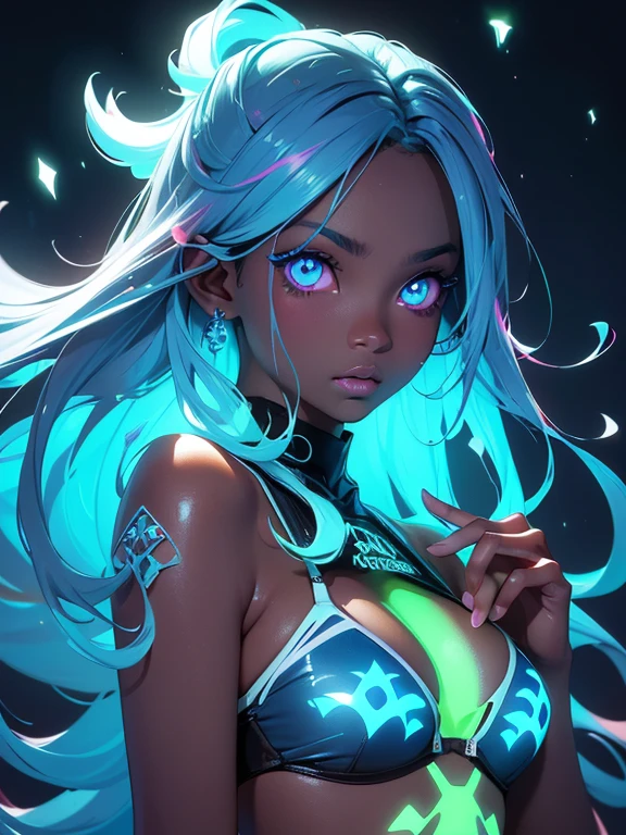 (masterpiece, high quality, high resolution, absurd, super detailed, High saturation、8k),real:1.5,solo,(bikini),cute face,neat and clean、sexy、dark skin、oil skin、glowing eyes、(fluorescence hair),(colorful fluorescence hair:1.5)、 ,colorful,