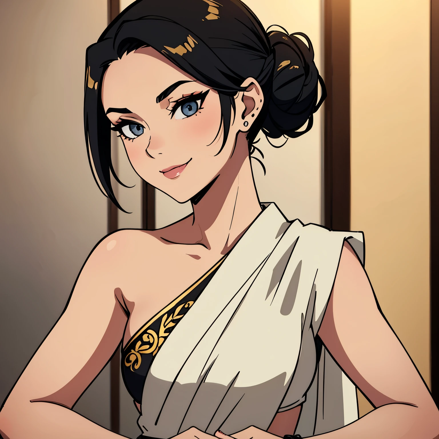 Sexy and cute woman, black hair tied in a neat bun, smokey eyes, eyeliner, seductive gaze and smile, white saree with gold embroidery