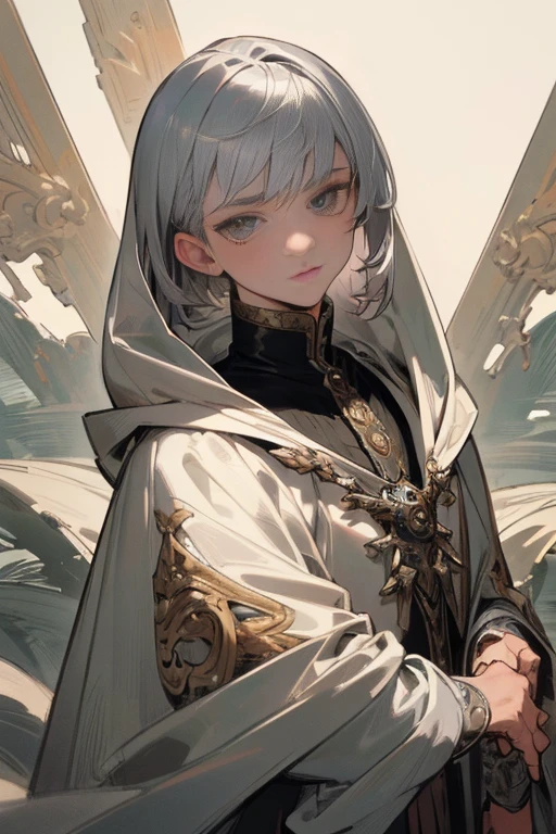 ((best quality)), ((masterpiece)), (detailed),High quality, Ultra detailed, best quality, insanely detailed, beautiful, masterpiece, ((best quality)), ((masterpiece)), (detailed),High quality, Ultra detailed, best quality, insanely detailed, beautiful, masterpiece, male, boy, silver hair,under cut hair ,fade cut,adventurer's clothes,hooded cape